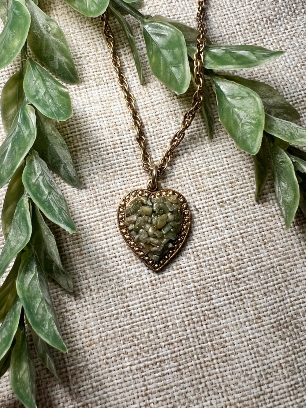 VINTAGE Bronzed-Gold Heart Pendent Necklace with Green Mosaic Stones